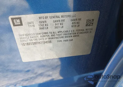 2017 Chevrolet Cruze Lt Auto z USA, uszkodzony, nr VIN 1G1BE5SM7H7194593